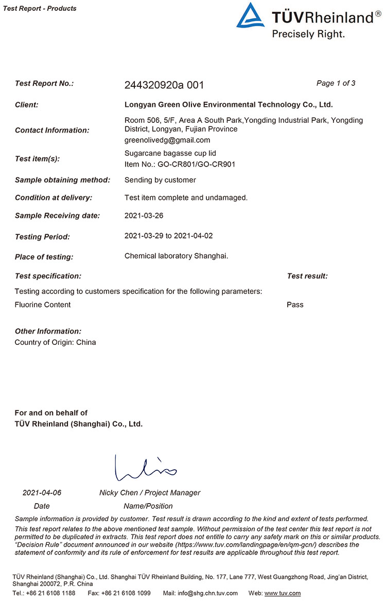 PFAS TEST REPORT ON CUP LIDS